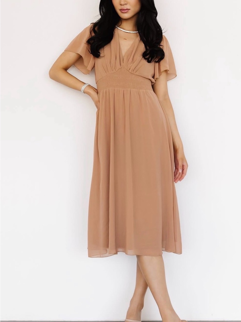 Baltic Born Peach Midi Dress with Flutter Sleeves
